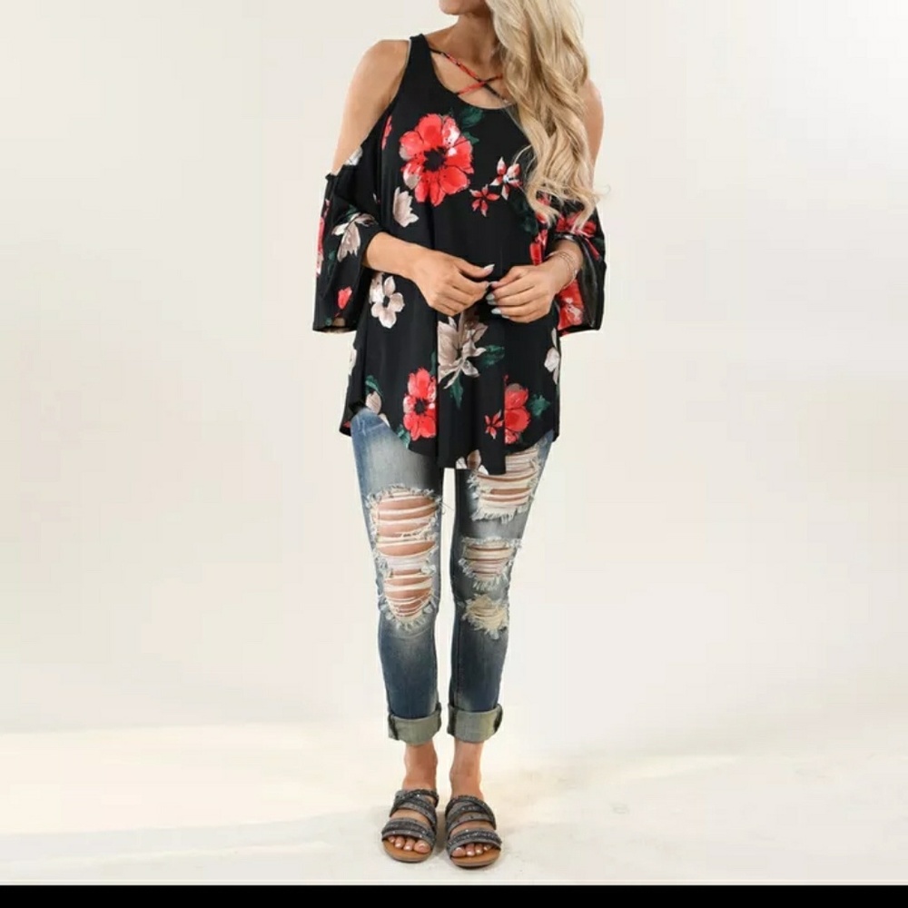 Black and red floral cold shoulder top - Picture 4 of 4